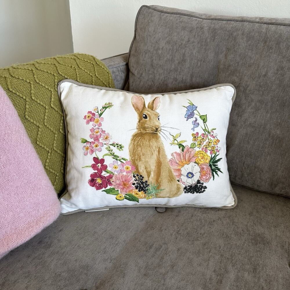 Pottery Barn Easter Holiday Floral Bunny Rabbit Print Lumbar Pillow